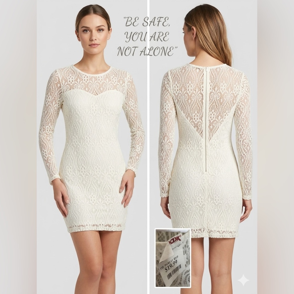 Elegant Ivory Lace Long-Sleeve Sheath Dress size small brand youarenotalone new